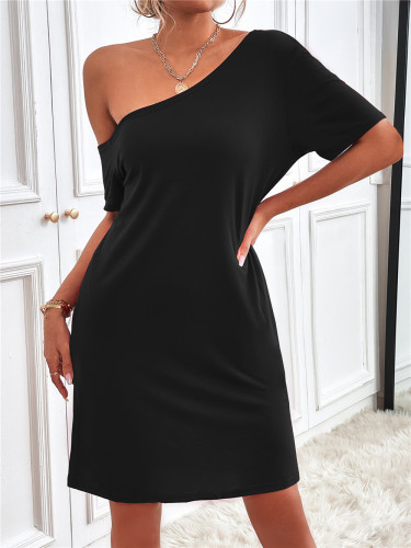 Off Shoulder Short Sleeve Bodycon Mini Dress Women Solid Color Casual Slim Package Summer Dress
