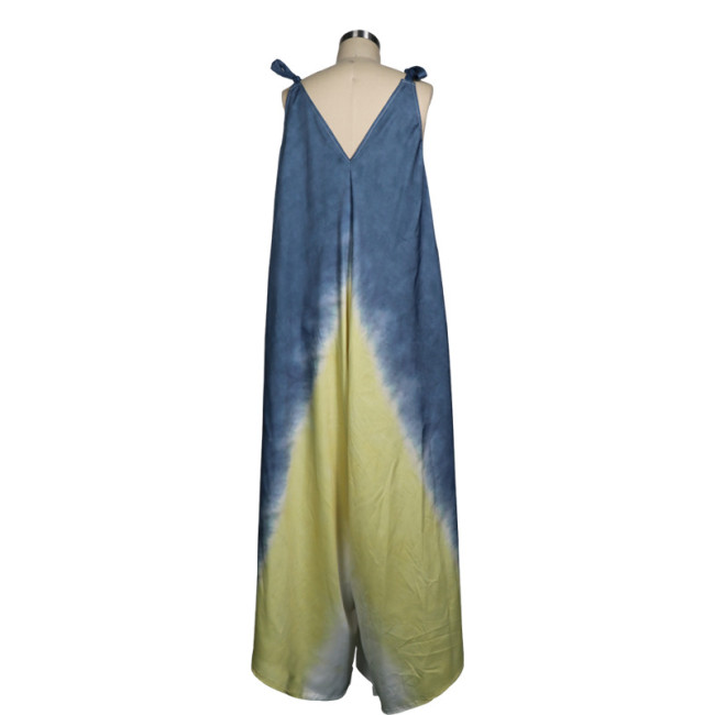 Women Gradient Tie-Dye Sleeveless V-Neck Suspender Jumpsuit Wide Leg Jumpsuit