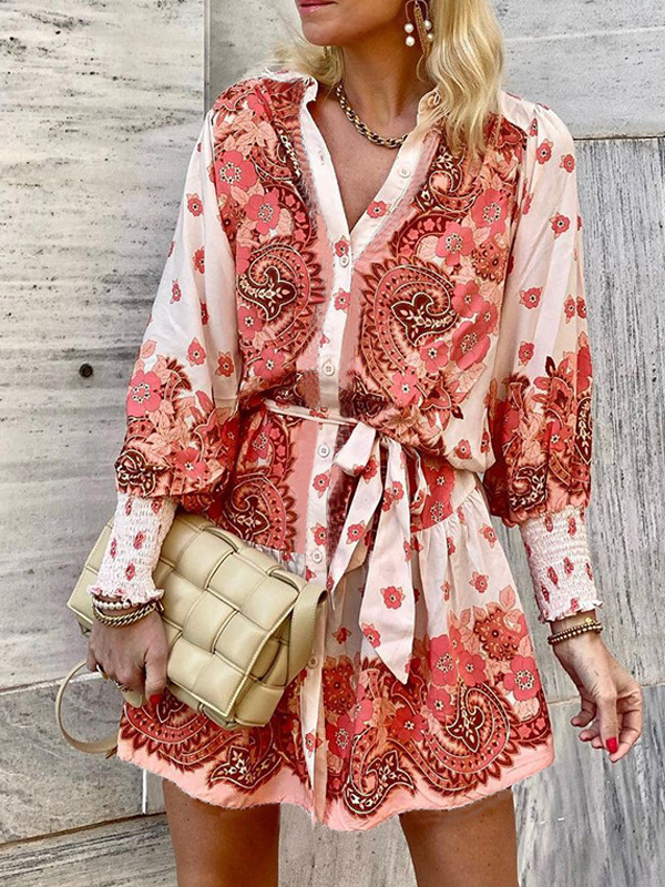 Women's Red Floral Mini Shirt Dress with Belt