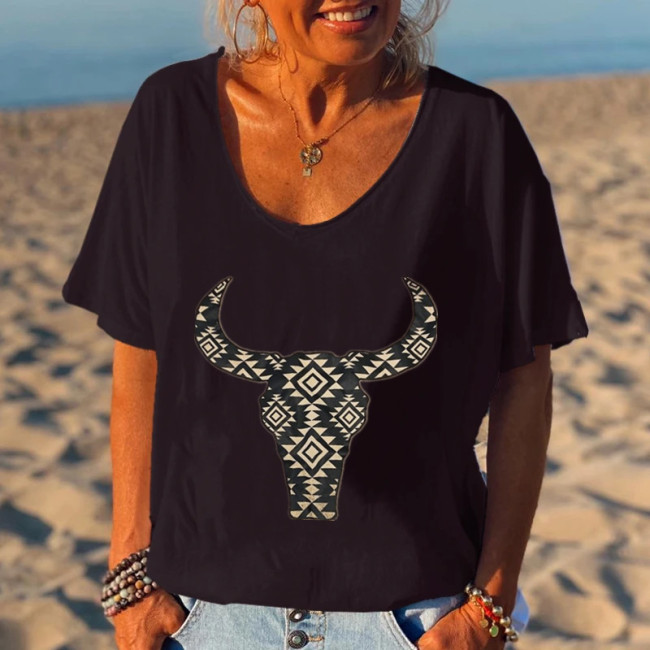 Women Loose Plus Size T-Shirt Aztec Ethnic Style Top