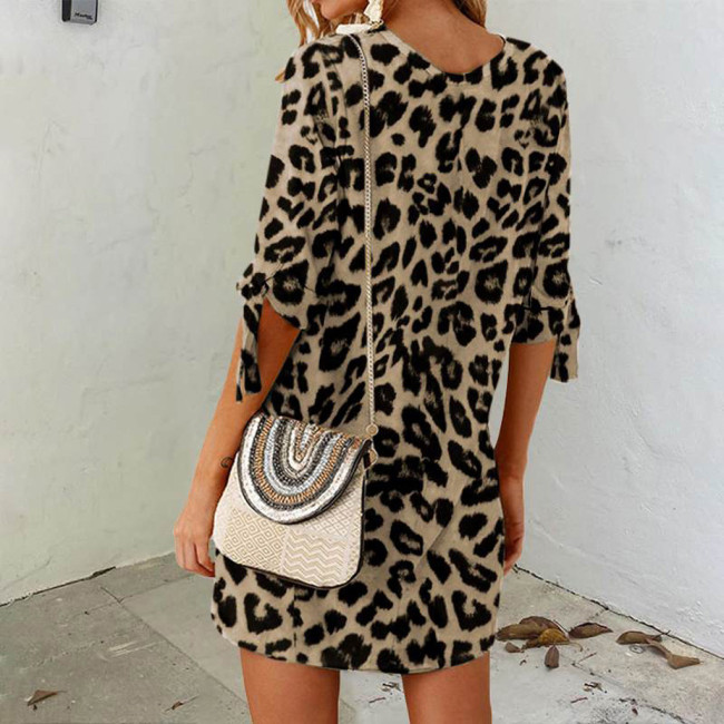 Women's Casual Summer Mini Dress Sexy Leopard Print Mid-Sleeve Dress