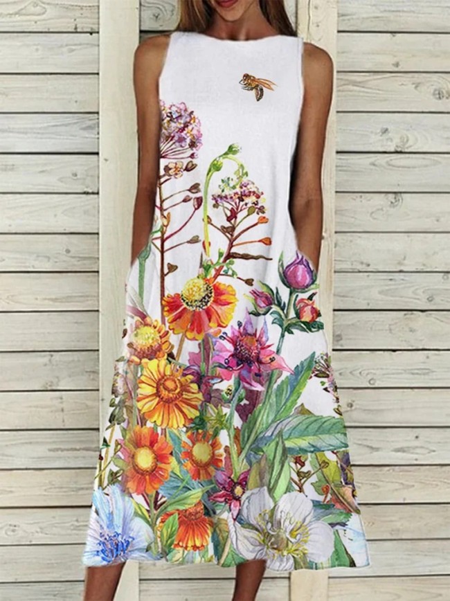 Women's Casual Summer Dress Floral Print Sleeveless A Line Midi Dress