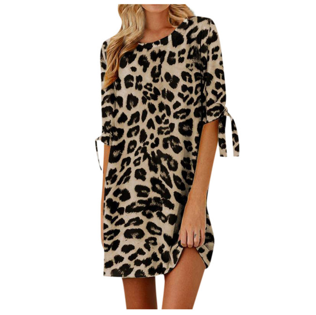 Women's Casual Summer Mini Dress Sexy Leopard Print Mid-Sleeve Dress