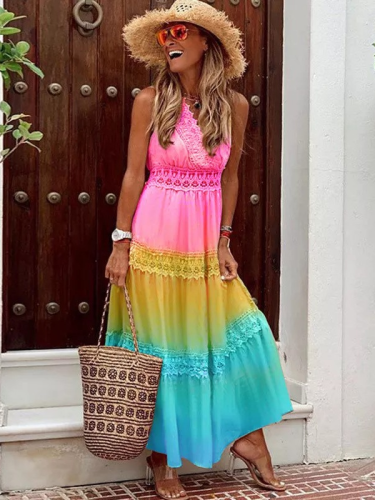 Women Elegant Gradient Rainbow Maxi Summer Beach Dress