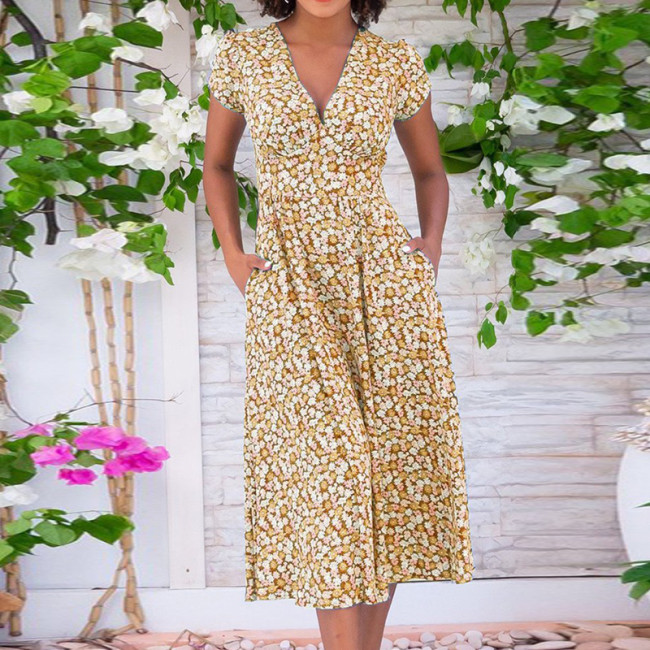 Women Summer V Neck Floral Print Party Dress  Vintage Short Sleeve A-Line Loose Plus Size Midi Dress