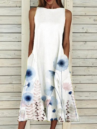 Women's Casual Summer Swing Dress Blue Floral Print Sleeveless A Line Midi Dress