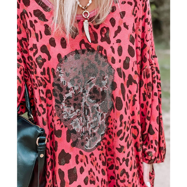 Women's Casual Summer Dress Pink Leopard Bling Skull Pattern Loose Maxi Dress