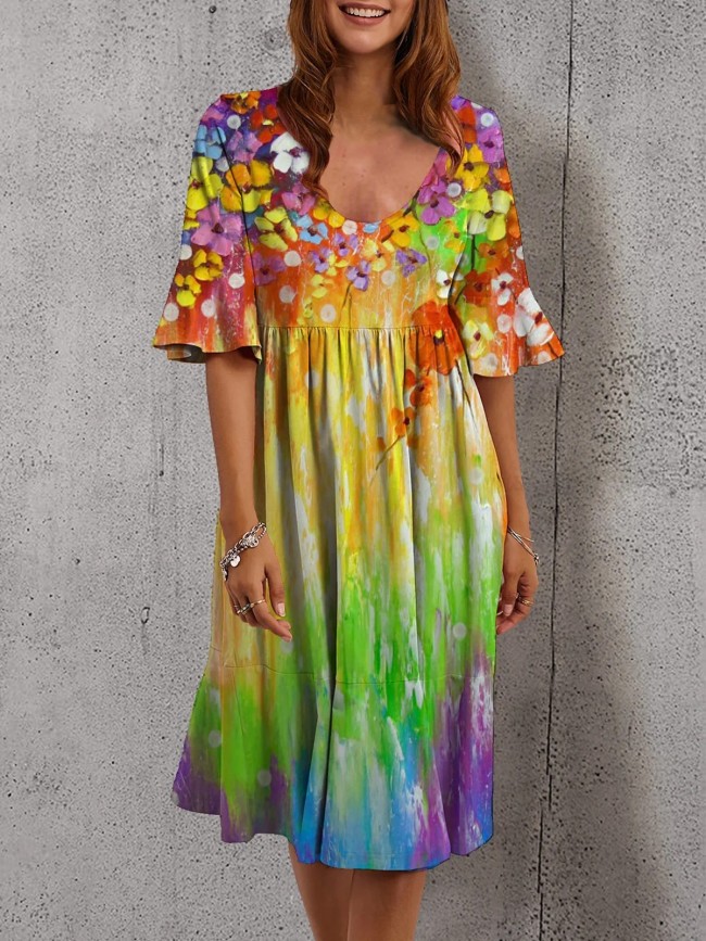 Women's Boho Floral Colorful Print Summer Beach Swing A-Line Madi Dress