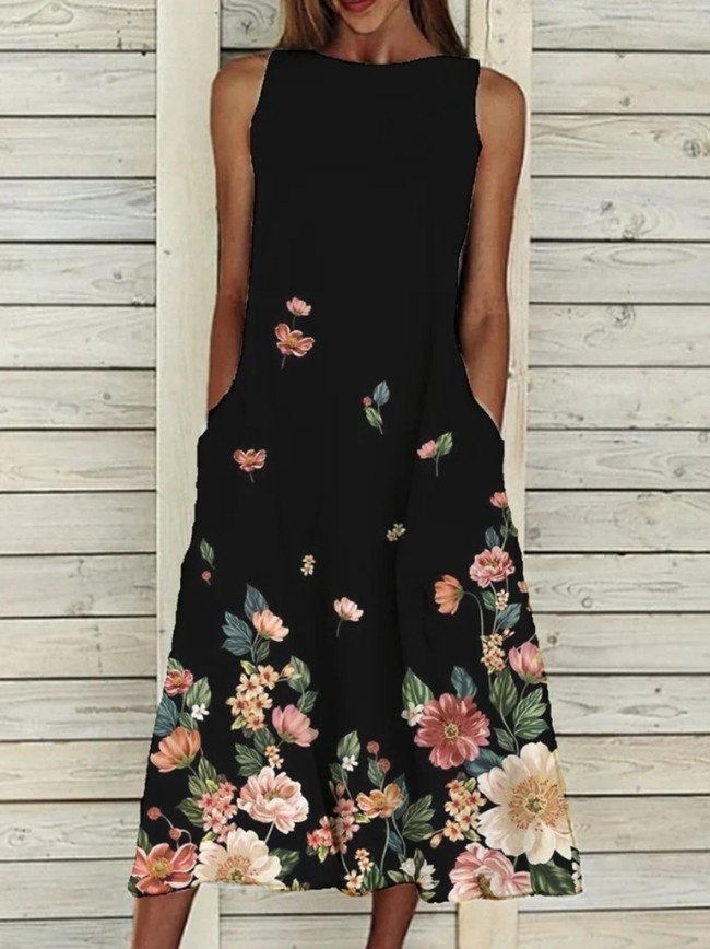 Women's Waterdrop Floral Landscape Print A Line Swing Loose Midi Dress