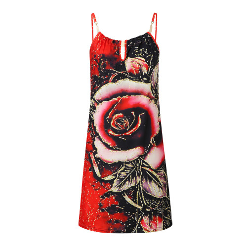 Summer Dress for women Casual Metal Hanging Neck Red Floral Printed Strapless Dress