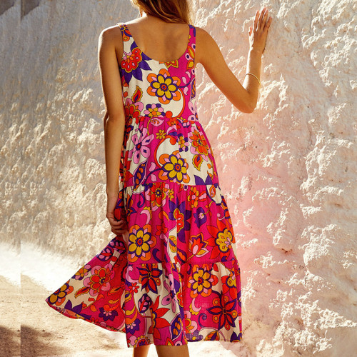 Women's Casual Summer Dress Floral Pring Boho Midi Dress