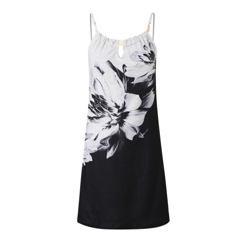 Summer Dress for women Casual Metal Hanging Neck Black Floral Printed Strapless Dress