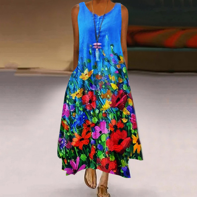 Women's Casual Summer Maxi Dress Colorful Floral Print Sleeveless Long Dress