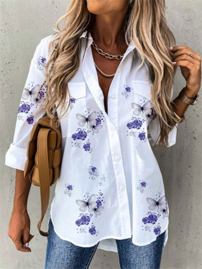 Woman Fashion Floral Butterfly Print Long Sleeve Shirt Casual Plus Size Shirt Blouse
