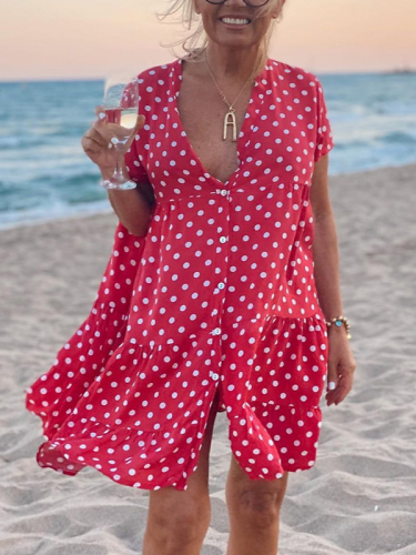 Women's Casual Loose Summer Dress Pink Polka Dots Button Down Lapel Mini Dress