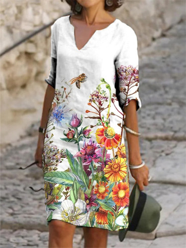 Women's Casual Summer Dress Floral Bee Print Midi Dress