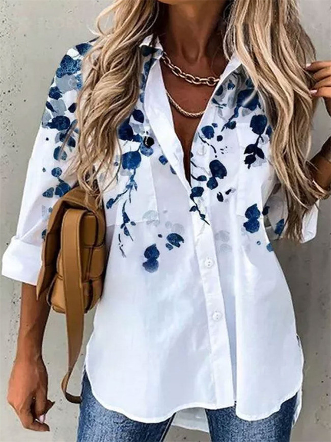 Woman Fashion Floral Butterfly Print Long Sleeve Shirt Casual Plus Size Shirt Blouse