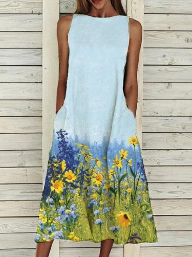 Women's Waterdrop Floral Landscape Print A Line Swing Loose Midi Dress
