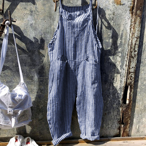 Vintage Rompers Womens Jumpsuits Casual Sleeveless Striped Print Playsuits Ladies Office Overalls Plus Size Loose Pants