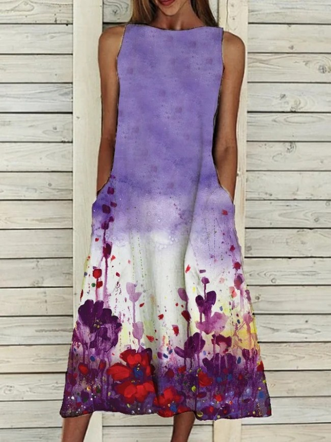 Women's Waterdrop Floral Landscape Print A Line Swing Loose Midi Dress