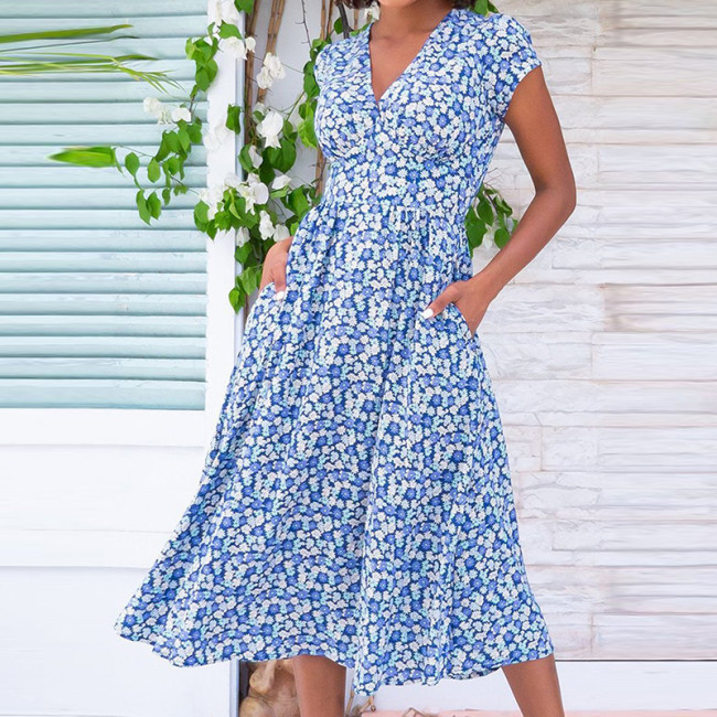 Women Summer V Neck Floral Print Party Dress  Vintage Short Sleeve A-Line Loose Plus Size Midi Dress