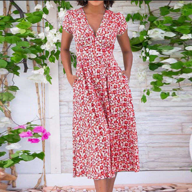 Women Summer V Neck Floral Print Party Dress  Vintage Short Sleeve A-Line Loose Plus Size Midi Dress