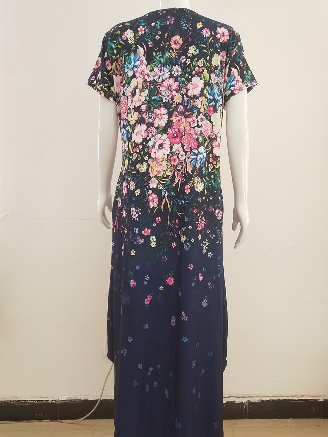 Women Plus Size  Floral Print Maxi Dress Short Sleeve Summer Bohemian Long Dresses