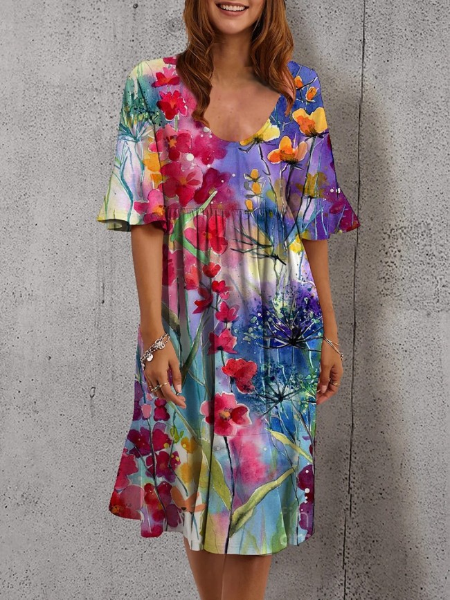 Women's Boho Floral Colorful Print Summer Beach Swing A-Line Madi Dress