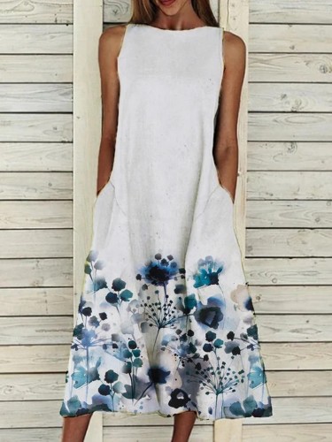 Women's Casual Summer Dress Spring Waterdrop Floral Print Sleeveless A Line Midi Dress