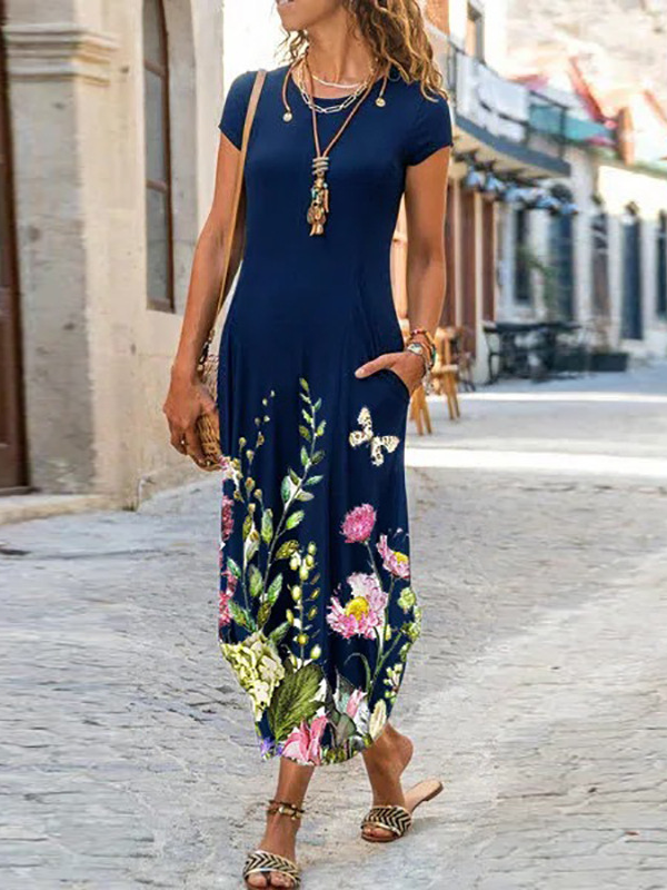 Women Plus Size Floral Print Maxi Dress Short Sleeve Summer Boho Long Dresses