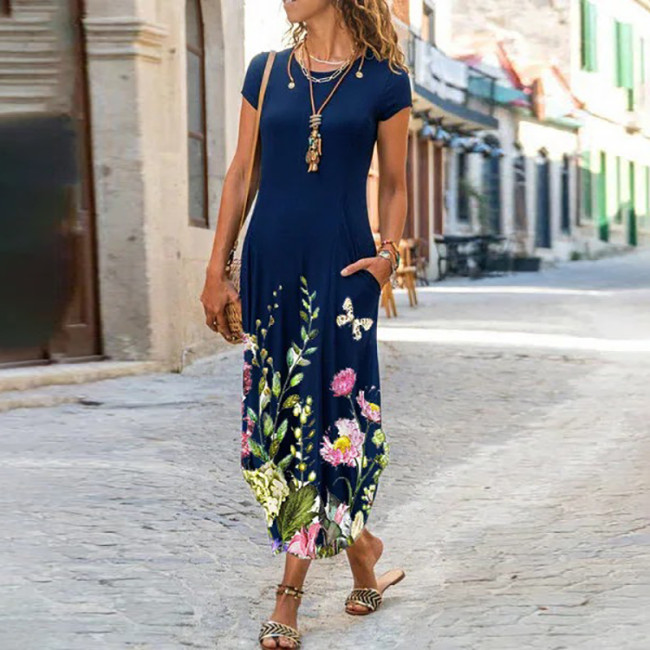 Women Plus Size Floral Print Maxi Dress Short Sleeve Summer Boho Long Dresses