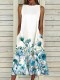 Women's Casual Summer Dress Spring Blue Floral Print Sleeveless A Line Midi Dress