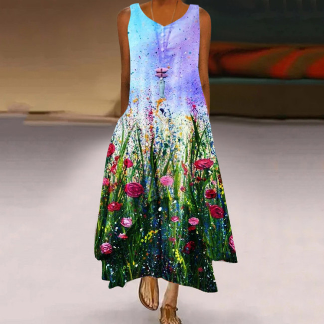 Women's Casual Summer Maxi Dress Colorful Floral Print Sleeveless Long Dress