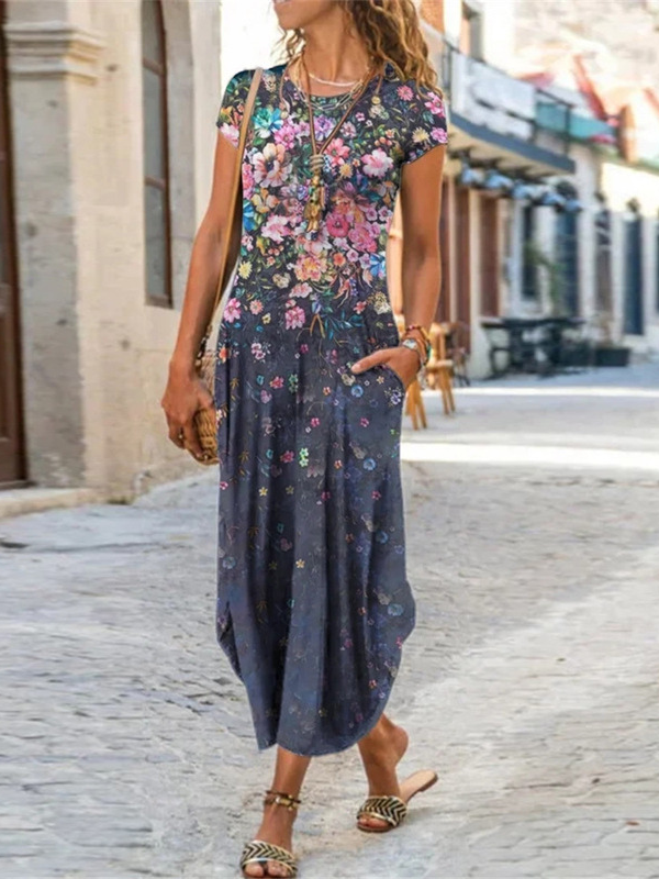 Women Plus Size Floral Print Maxi Dress Short Sleeve Summer Bohemian ...