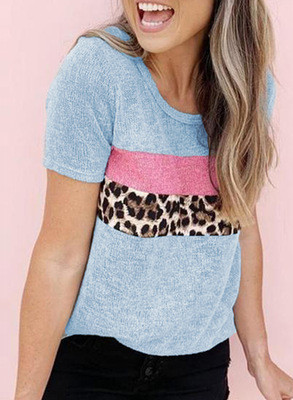 Women's Casual Leopard Print Color Matching Crew Neck T-Shirt Top