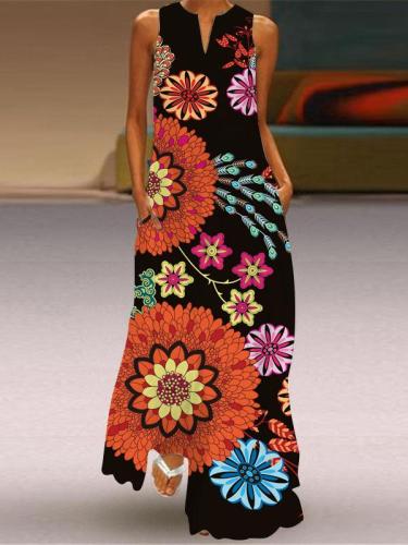 Women Casual Maxi Dress V-Neck Sleeveless Flowers Long Dress