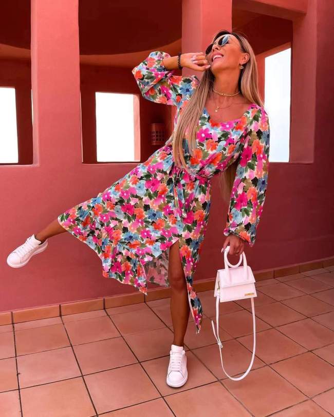 Women Casual Midi Dress Chic Long-Sleeved Floral Pattern Split Beach Dress