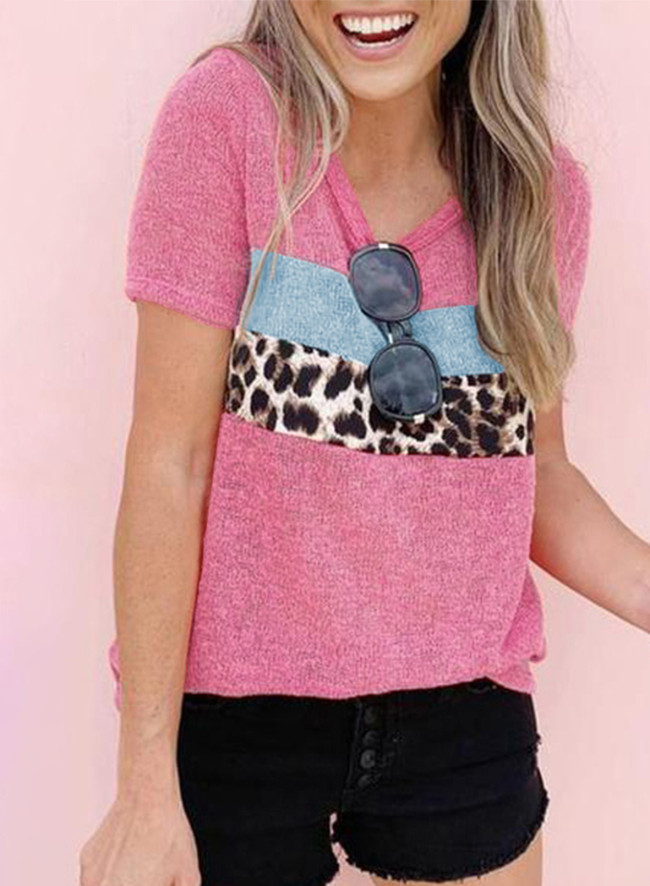 Women's Casual Leopard Print Color Matching Crew Neck T-Shirt Top