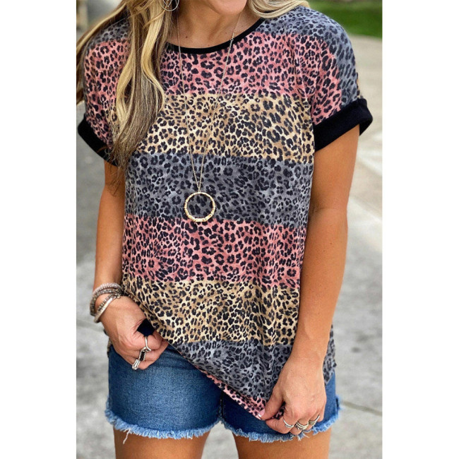Women's Casual Leopard Cheetah Print Color Matching Crew Neck T-Shirt Top