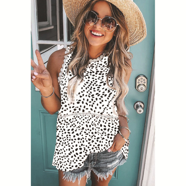 Women's Summer Leopard Print Tank Top Loose Lace Stripe Printed Sleeveless Vest Top Pullover Tees