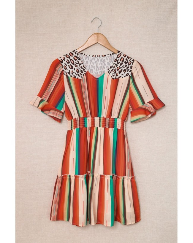 Women's Casual Leopard Rainbow Stripe Print Mini Dress
