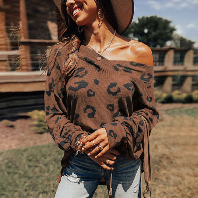 Women's Casual Leopard Print V-Neck Long Sleeve Off Shoulder T-Shirt Top