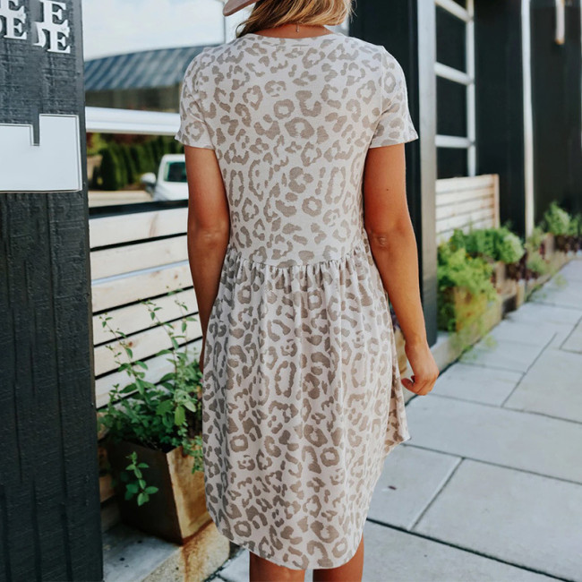 Cheetah Print Dresses Round Neck Waist Short Skirt Leopard Print Loose Dresses