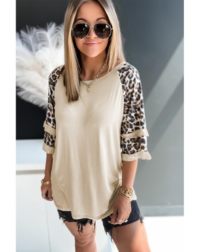 Women's Oversized T Shirts Half Sleeve V Neck Comfy Tunic Casual Leopard Print Lotus Leaf Summer Tops,Apricot