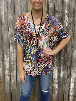Women's Casual Colorful Leopard Print V-Neck T-Shirt Top