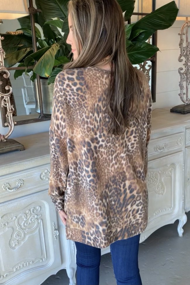 Women's Casual Leopard Full Print Coffee Long Sleeve T-Shirt Top