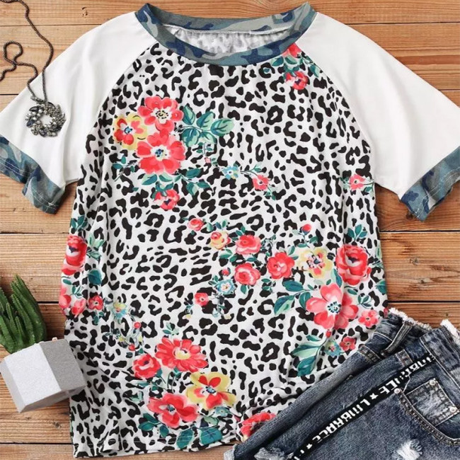 Women's Casual Floral Leopard Print T-Shirt Top