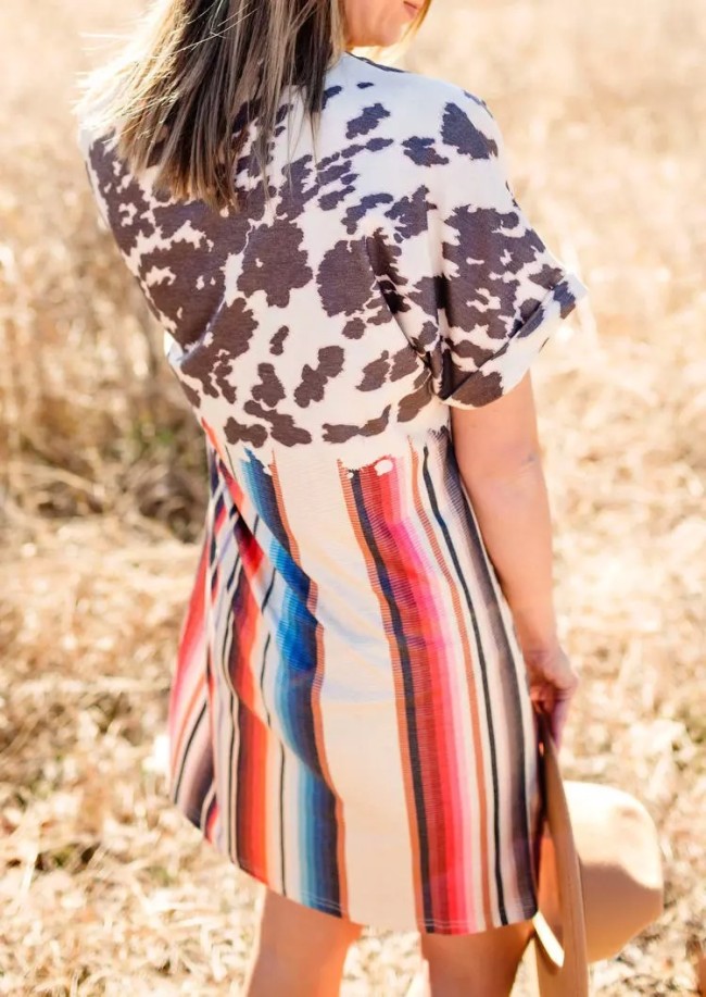 Women's Casual Leopard Print Stripe Patchwork Shirt Dress