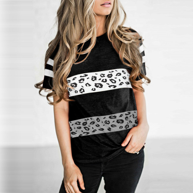 Women's Casual Black Patchwork Leopard Print T-Shirt Top