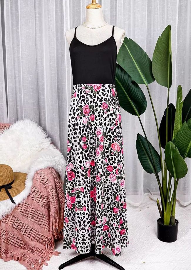 Women's Casual Leopard Floral Print Sleeveless Maxi Dress